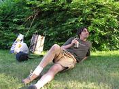 Here’s me lounging on the front lawn, waiting for my veggie-dogs to cook on the grill and sipping on my Lia Fail Beer