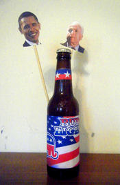 Obama and McCain’s floating heads duke it out over my Republican vs. Democrat Bud Light bottle.