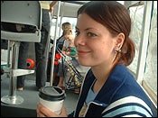 Meghan on the water taxi. These cute little boats could shuttle about 8 people across the water.